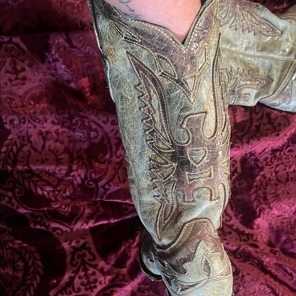 Steve Madden Moss Green Brown Leather Top Stitched Cowboy Boots 10M - Picture 9 of 12